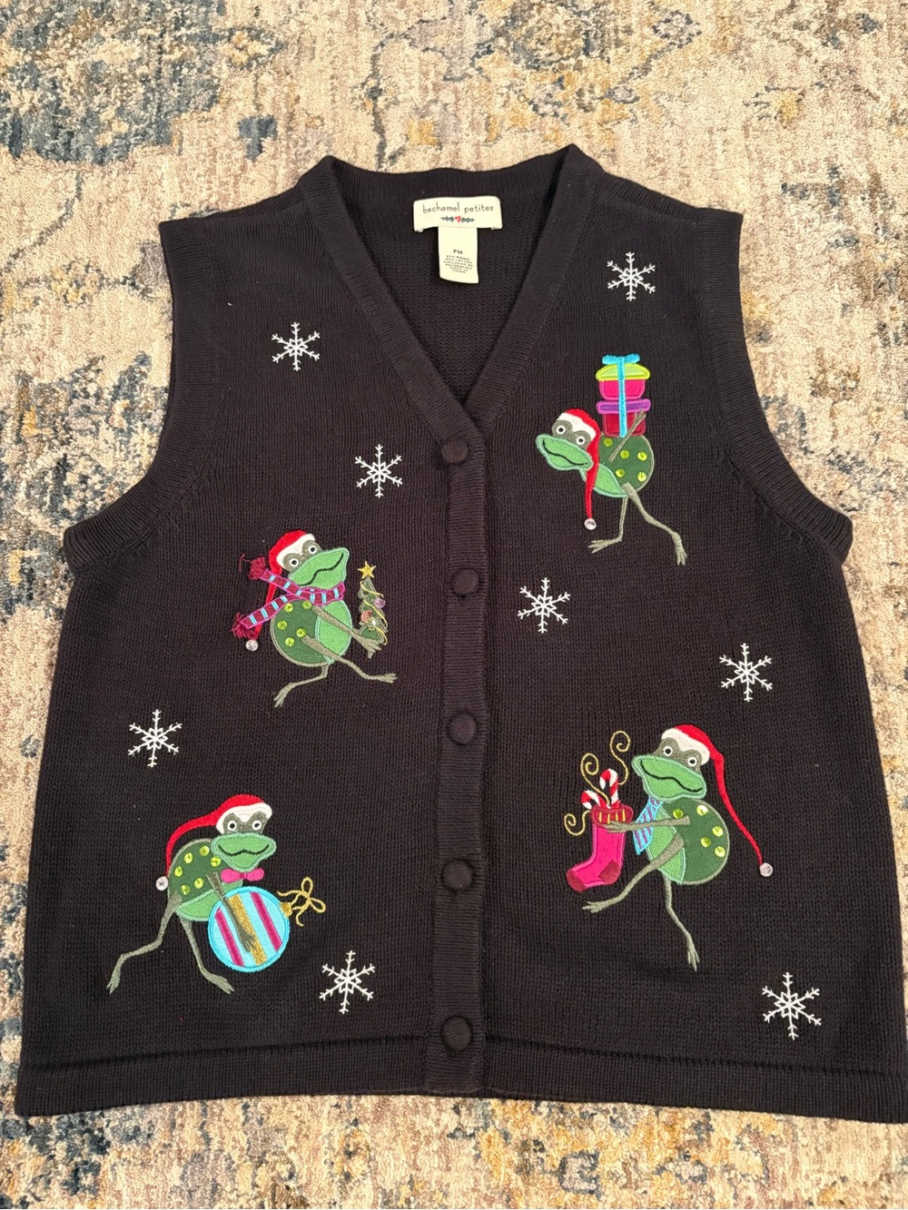 Vintage Bechamel Christmas Frog Sweater Vest Black Size Petite Medium